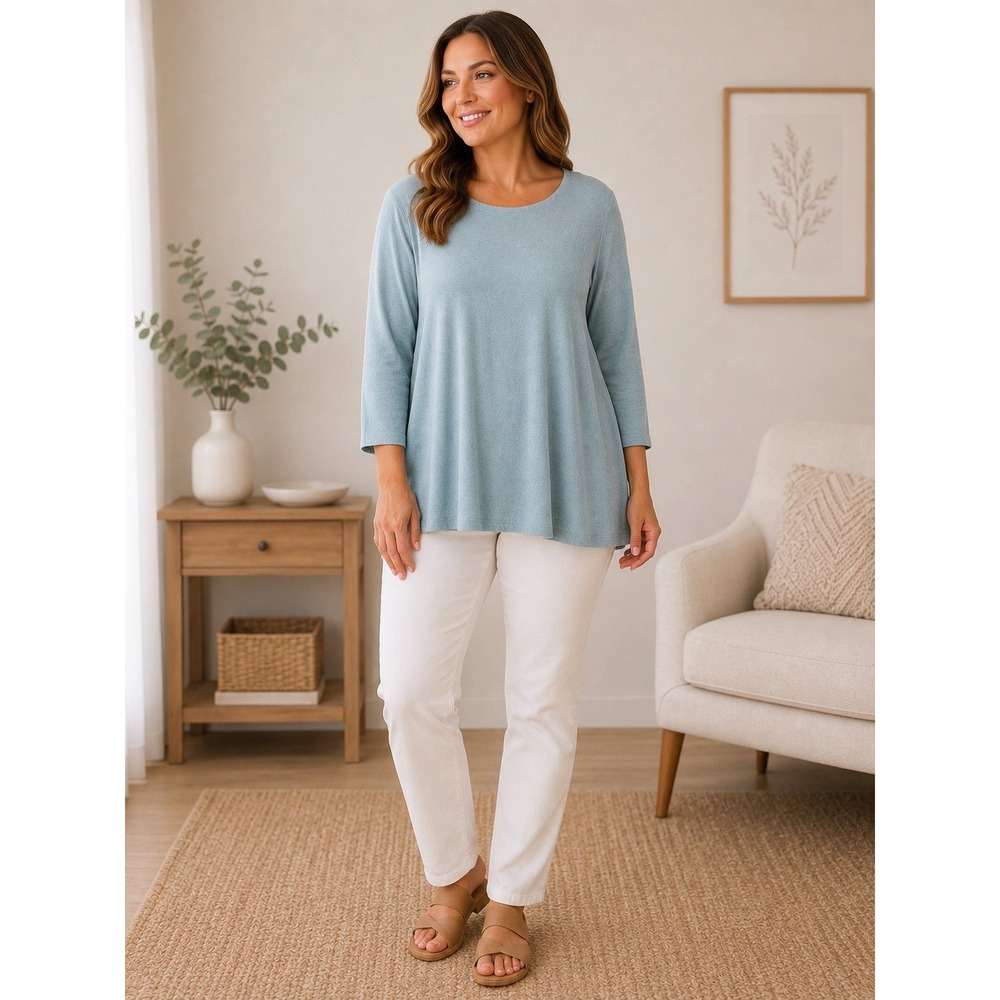 Chico's Seafoam Green Heathered Knit Tunic Top 3/4 Sleeve Boat Neck Size 3 XL